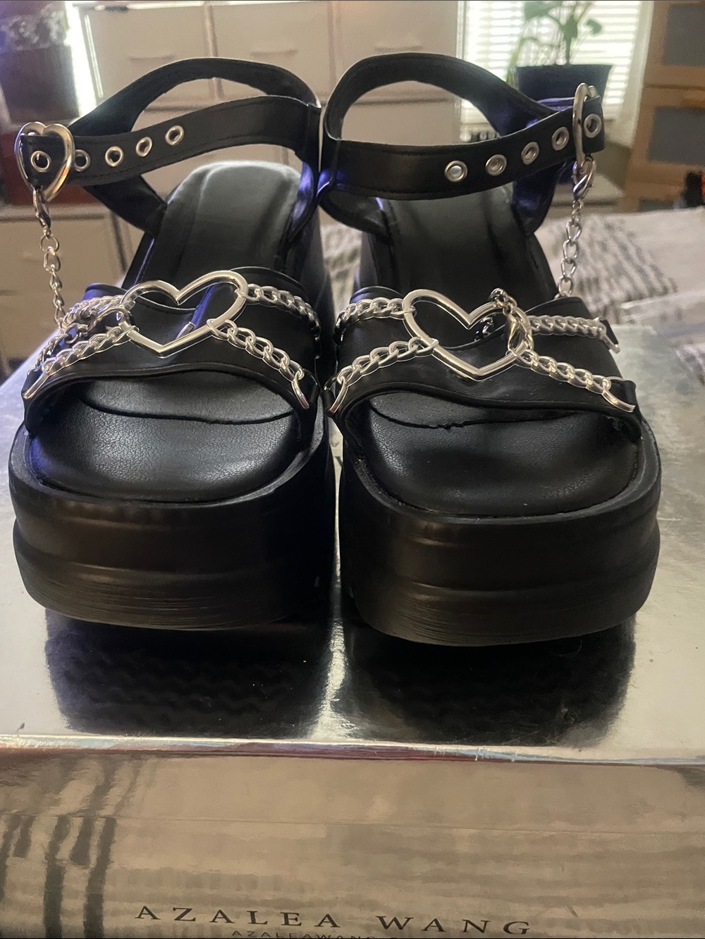 Black Goth Punk Chunky Platform Heart Charm Sandals - Size 9